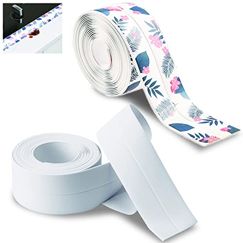 2 Rollen Dichtungsband Selbstklebend,Verwenden Sie es als Zierleiste an Küchenarbeitsplatte, Waschbecken,Toilette,Bad,Dusche,Badewanne,Wanne, Gasherd und Wandnähten(38mm* 3.2 m, Weiß+Blumenfarbe)