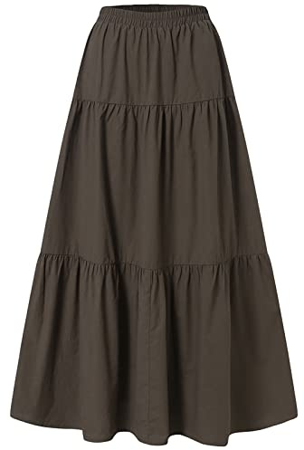 Women's Vintage Elastic Waist A-Line Long Midi Skirt Solid Color Pleated Big Hem Basic Flared Long Skirts