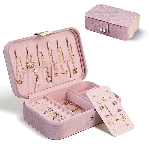 KAMIER Reise Schmuckkästchen für Damen, Plüsch Samt Schmuckaufbewahrung für Ohrringe, Ring, Halskette, klein Schmuckschatulle für Frauen, Mädchen, Ehefrau, Geschenk,Rosa