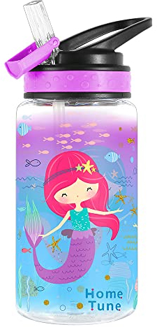 Home Tune Cute Water Bottle for Girls Boys, Unique Design, Leak Proof, Straw Lid, Easy Clean, BPA Free, 450ml - Mermaid