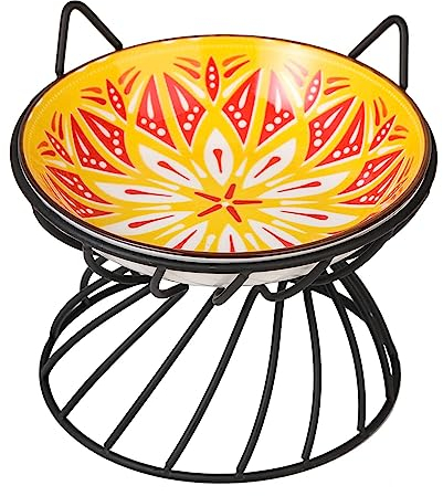 AHX Raised Ceramic Cat Food Bowl - Elevated Dish with Stand Wide Shallow Whisker Friendly Cute Plate Feeding Bowls Microwave and Dishwasher Safe 8.5 oz 5.75 inch, Yellow