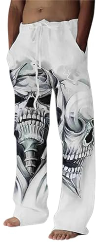 Gefomuofe Leinenhose Herren Slim Fit Sommerhose Freizeithose Totenkopf Print gedruckte-Taillentasche Sommerhose Lace Up Pants Freizeithose Leichte Atmungsaktiv Lang Jogginghose