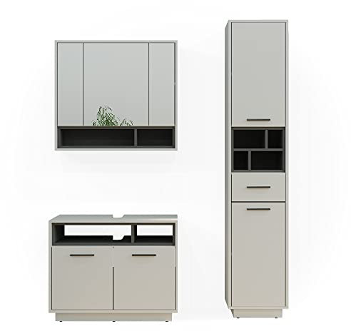 Vicco Badmöbel-Set Beatrice, Badezimmerschrank-Set, Grau/Anthrazit, 3 Teile, mit Hochschrank