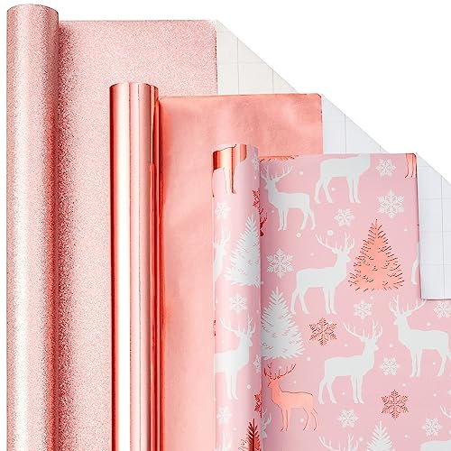 LeZakaa Rose Gold Christmas Wrapping Paper Mini Roll, Glitter Foil Matte and Reindeer Snowflake Design Holiday Gift Wrap, Arts Craft, for Xmas Winter Party, 17 x 120 inches, 3 Rolls