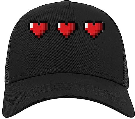 Full Health 8 Bit Gaming Hearts Halbmaschige Trucker-Cap-Baseballmütze aus Baumwolle Schwarz