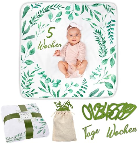 ODOXIA Baby Meilenstein Decke auf Deutsch DE | Monatliche Fotodecke Unisex | Thema Blätter | Personalisiertes Baby Shower Geschenk für Neue Mütter | Babydecke | Inklusive Rahmen