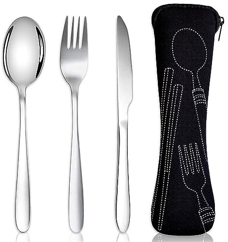 Cutlery Set with Portable Pouch Case Stainless Steel Flatware Camping Utensil Set with Neoprene Bag Travel Picnic Office School Lunch Box Outdoor