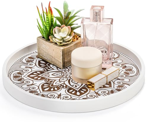 ZEAYEA Round Wood Decorative Tray, Rustic Coffee Table Tray, Boho Ottoman Trays, Wooden Centerpiece Serving Trays for Kitchen Counter Home Decor, 12 Inch