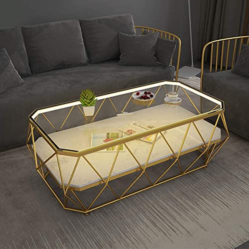 Table d'appoint à 2 Niveaux en marbre + Verre trempé Table à thé Minimaliste Nordique Table Basse rectangulaire avec Cadre en métal et Bande Lumineuse pour Salon, Chambre à Coucher, Bureau