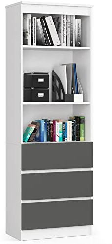 AKORD | Librería CLP 60 cm | Mueble con 3 cajones 3 estantes | Documentos Oficina | Porta Libros | Mueble de Dormitorio | Estante de Sala de Estar | Ahorra Espacio | Blanco | Gris Grafito