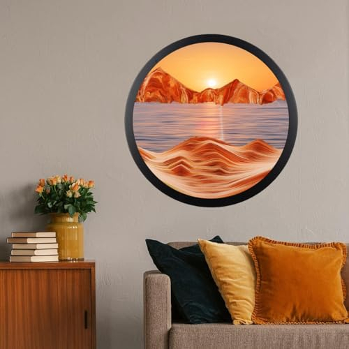 Sandbilder zum Drehen,Fließende Sandmalerei, Dynamisch 3D Bewegtes Sandbild Natürliche Landschaft, Bewegliche Sandkunst Bild Rund Glas Tiefsee Sandbild,Wand Deko Wohnzimmer Schlafzimmer(Size:17.3inch,