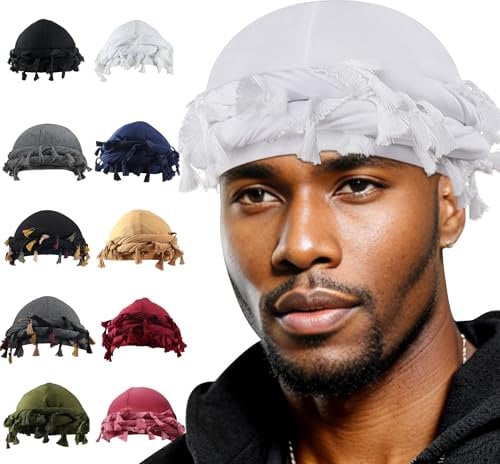 Babalet Halo Turban for Men Women Satin Lined Durag Head Wraps Scarf Skull Cap Pre-Tied Tassel Beanie Sleeping Bonnet Headwraps Chemo Hair Loss Hat,White