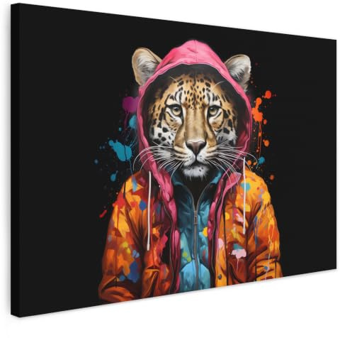 MuchoWow© Leinwand Groß XXL Deko Schlafzimmer Aesthetic Leinwandbilder | 120x80 cm - Wohnzimmer Gemälde Foto Geschenk Living Room Decoration Graffiti - Leopard - Tiere - Street Art - Schwarz