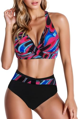 Bikini Damen Set V Ausschnitt überkreuztes Zweiteiliger Badeanzug Blumenmuster Gestreift Bikinis Bademode Bauchkontrolle Swimsuits Strandmode Mode Schwimmanzug für Frauen, Wassermelone Rot, XXL