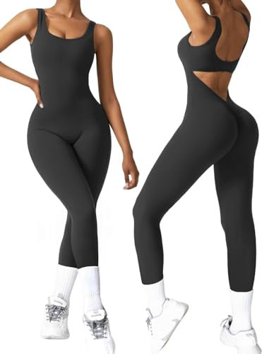Vertvie Jumpsuit Damen Lang Eng Ärmellos Yoga Scrunch Butt Overalls Sexy Rückenfrei Bodycon Einteiler Strampler Ganzkörperanzug Playsuits Sport Gym Workout Sommer(Schwarz,M)