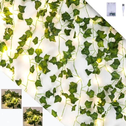 Lecone 2 Pezzi Luci LED a Batteria Finte Edera, Catena Luminosa Interno 2M, 40 LED Foglie Finte Filo Luci LED Decorative Interni, Lucine LED Decorative a Batteria per Camera, Natale, Stanze, Giardino