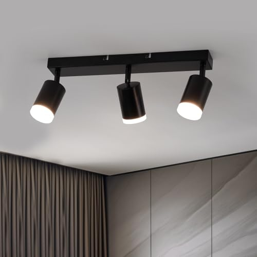 Bojim Deckenstrahler 3 Flammig Schwarz, 350° Schwenkbar Deckenleuchte GU10, Modern Deckenlampe Spot Industrial Wandstrahler, Strahler Deckenspot für Küche, Wohnzimmer, Schlafzimmer Ohne Leuchtmittel