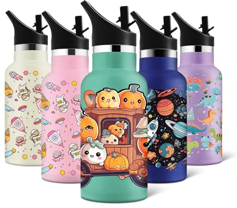 HoneyHolly Gourde Isotherme Enfant,350ml sans BPA, Gourde, avec Paille, Gourde Sport, Double Paroi Bouteille Isotherme Anti-Fuite, 18/8 Acier Inoxydable, Gourde Inox pour Enfant, École, Sport, Yoga