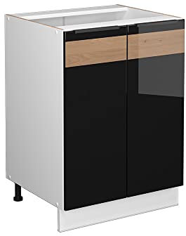 Vicco Küchenunterschrank Fame-Line, Schwarz Eiche Hochglanz, 60 cm, AP Marmor, zur Kombination mit weiteren Modulen der Fame-Line Serie