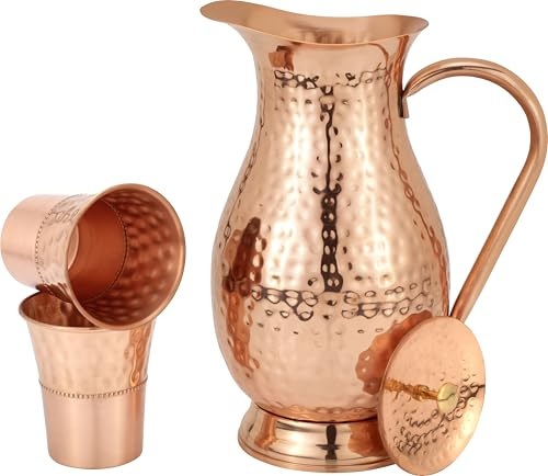 Pure Copper Pitcher Large (70 oz. /2000 ml) with 2 Stylish Tumblers for Drinking Water | Vase | Water Jug Set