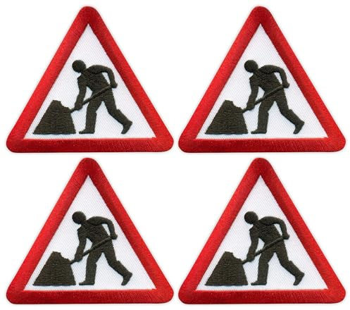 Lot de 4 - Road Works - Panneau routier du Royaume-Uni - Dos thermocollant - Écusson brodé