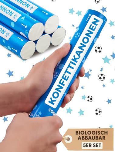 Partyjoker 5 Konfettikanonen für Kinder Geburtstag für Jungen- Fußball und Sterne in Blau – Einfach und Sicher - Biologisch Abbaubares FSC® Konfetti - Blue-Themed