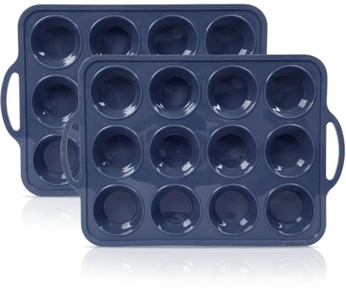 SUPER KITCHEN 2Pack 12 Cup Regular Size Silicone Muffin Trays with Metal Frame, Silicone Cupcake Tray with Handle, NonStick Yorkshire Pudding Tray, Silicone Muffin Moulds for Baking, Muffin Tins, Grey