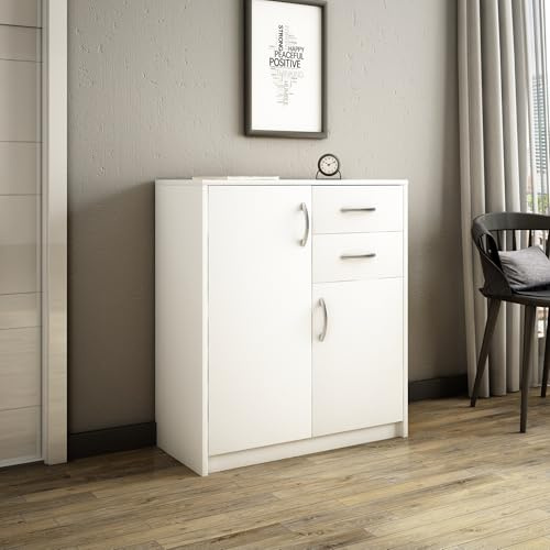 Home Collective Kommode mit 2 Schubladen und 2 Türen in Matter Ausführung Kommode 74cm breit mit hochwertigen Polymergriffen Holz Schrank mit Schubladen Aus laminierter Platte gefertigt weiß