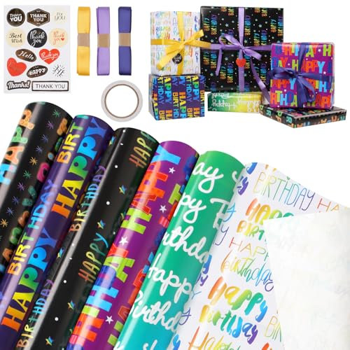 Geschenkpapier Geburtstag, 50 X 70 cm Geschenkpapier Happy Birthday Bunte mit 2 Band, Doppelseitigem und Aufkleber, Wrapping Paper Set, Geschenkverpackung für Kinder Geburtstag, 6 Blätter