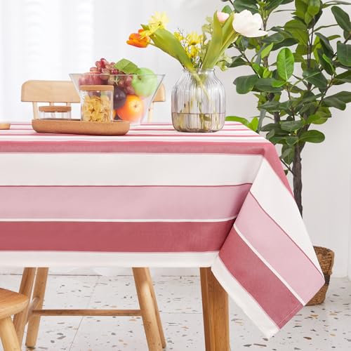 Deconovo Striped Tablecloth Water Resistant Wipe Clean Outdoor Table Cloth Washable Rectangular Tablecloths for Picnics 54 x 79 Inch Dark Pink and Light Pink
