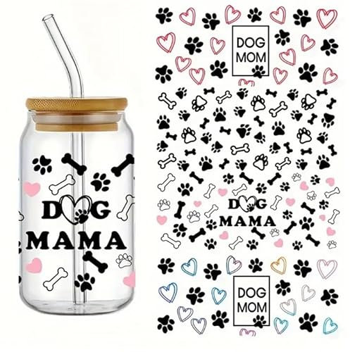 6pcs Dog Mom Heart Paw Bone UV DTF Cup Wraps Transfer Waterproof Sticker for Glass Cups Furniture Craft DIY Crafts，Rub on Transfer Stickers for DIY Water Bottle Laptop Decal Wood Car