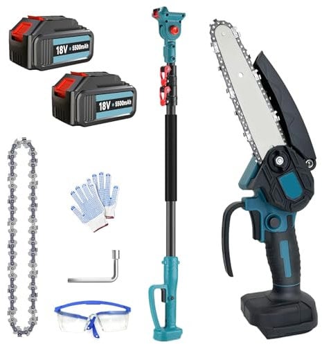 Cordless Pole Saw 6-Inch, 2 in 1 High Branch Saw with 2 x 5.5 Ah Battery, Electric Extension Pole Chainsaw Up to 2.5M for Tree Trimming Branches Wood Cutting