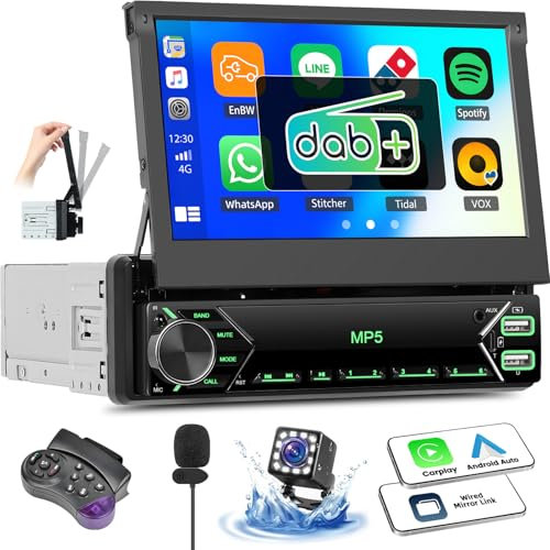 OiLiehu DAB+ Autoradio 1 Din Carplay Android Auto 7 IPS Manuell Einziehbarer Bildschirm Autoradio MP5 Multimedia Player mit Mirror Link Bluetooth FM/DAB Radio SWC AUX EQ USB Type-C+ Rückfahrkamera