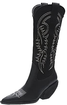 Stivali Lunghi Ricamati per Donna Stivale Tinta Unita con Cerniera Laterale Retro Tacco Alto Grosso Scarpe Traspiranti Punta Rotonda Stivaletto al Polpaccio Ampio Stivaletto Antiscivolo per Festa di