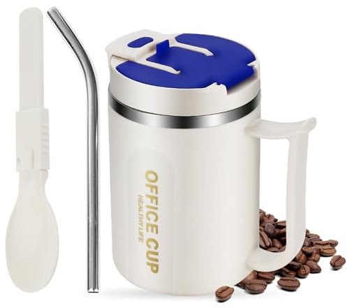 Kytpyi Tazzine Caffe, 500ml Moda Acciaio Inossidabile Termos Caffè con Coperchio 1 Cannuccia 1 Cucchiaio Pieghevole per Casa Scuola Ufficio (Blu)