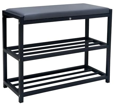 Maka Schuhregal Platzsparend, Schuhregal Mit Sitzbank Metall Schwarz, Shoe Rack Outdoor Wetterfest, Schuhbank mit Sitzfläche, Schuhbank Schwarz (Plus 60 cm)