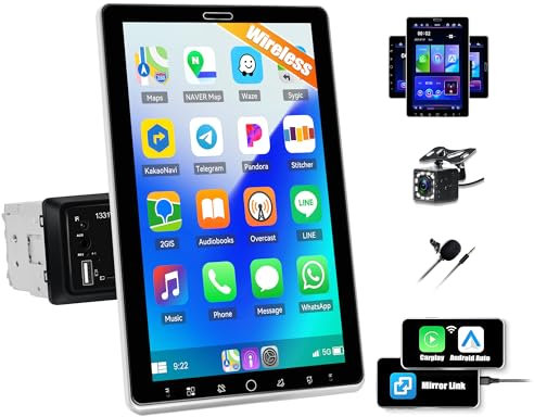 CAMECHO Autoradio 1 Din avec sans Fil A-pple Carplay Android Auto avec Caméra de Recul, 10.1 Pouces Pivotant IPS Touchscreen Radio avec FM/AM/RDS Bluetooth 5.2 EQ Mirror Link +Commandes au Volant