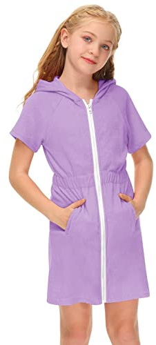 Nlaayong Mädchen Kurzarm Frottee Badeponcho mit Seitentaschen Lila Reißverschluss Surf Poncho, Kapuzen-Bademantel mit Taschen Kurzarm-Badeanzug