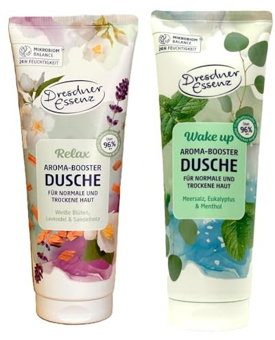 2er Pack Dresdner Essenz Aroma-Booster Duschgel Relax + Duschgel Wake up vegan, 2x 250ml