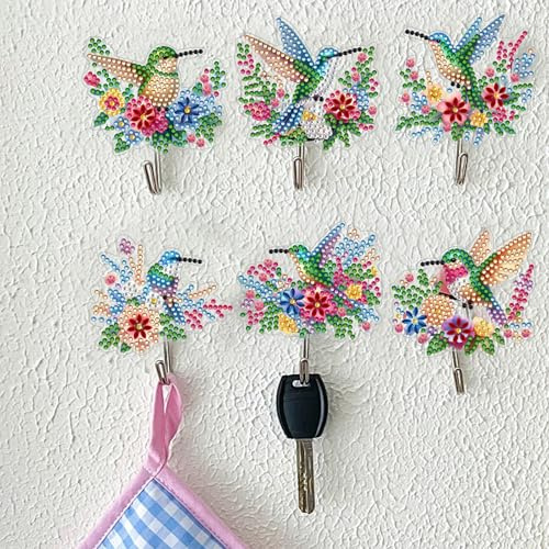 CAYUDEN DIY Diamond Painting Selbstklebende Haken, 6 Stück Diamond-Painting Vogel Bilder Garderobe Kinder, 5D Diamant Malerei Bastelset Set Erwachsene, Kleiderhaken für Bad, Küche, Eingang Deko
