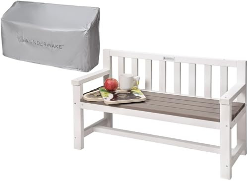 WONDERMAKE® Design Kinder-Gartenbank aus Holz wetterfest mit Textil-Abdeckung und Lehne, 2-Sitzer Kinderbank Holzbank Parkbank Kinder Sitzbank massiv Garten Outdoor, Naturholz, weiß grau anthrazit