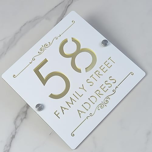 Personalized Modern Address Sign – Custom Laser Cut Acrylic House Number Plaque with 3D Letters – Outdoor Wall Decor, Waterproof Street Name Plate (Matte white & gold mirror)