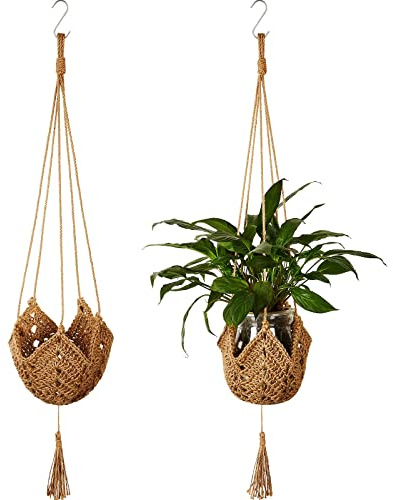 Zhiyu666 Macrame Plant Hanger Indoor Hanging Plant Holder with 2 S-Hooks, Jute Rope Plant Stand for 3-12 Inch Pots, Boho Outdoor Decor for Halloween Home Decor (Brown, 2 Pack)
