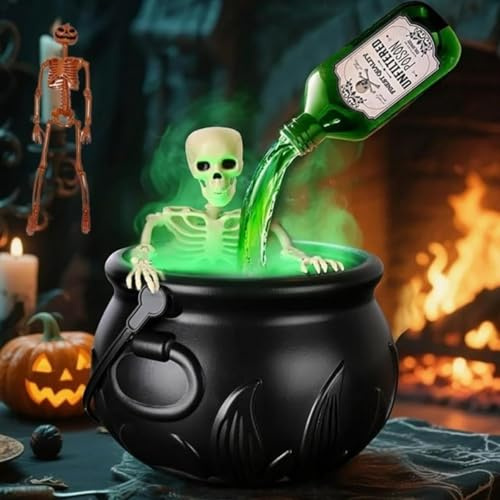 Light Up Witch Cauldron with Fog & Floating Bottles - 25cm Green Glow Magic Pot, Indoor Outdoor Halloween Decor (Large(25cm))