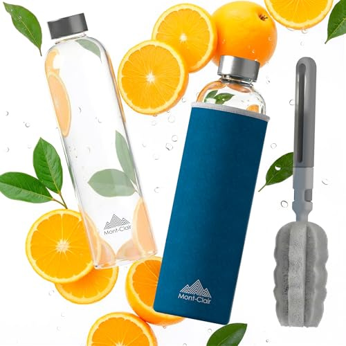Mont-Clair Kristal Borosilicate Glass Water Bottle 1L with Neoprene Sleeve - Leak Proof + BPA Free - Hot & Cold Drinks - Ideal for Adult, Kids, Travel, Sports, Gym, Running - Blue