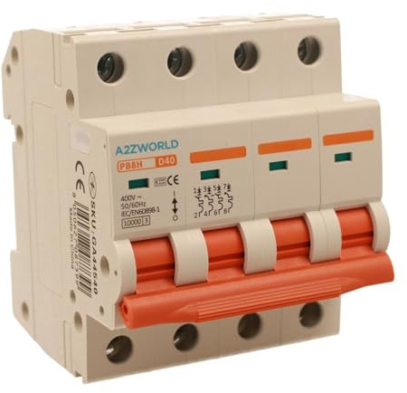 Interruptor magnetotérmico trifásico 4P 40A D40, curva D 10kA, 4 módulos DIN 380 V AC, certificado IEC60898-1, serie PB8H profesional