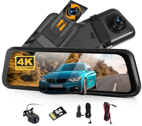 CAMECHO Spiegel Dashcam mit Rückfahrkamera 9.66'' Bildschirm Full HD 4K, Dual Dash Cam Spiegel Auto Vorne und Hinten,Super Nachtsicht mit Loop-Aufnahme,G-Sensor,GPS,ADAS,BSD
