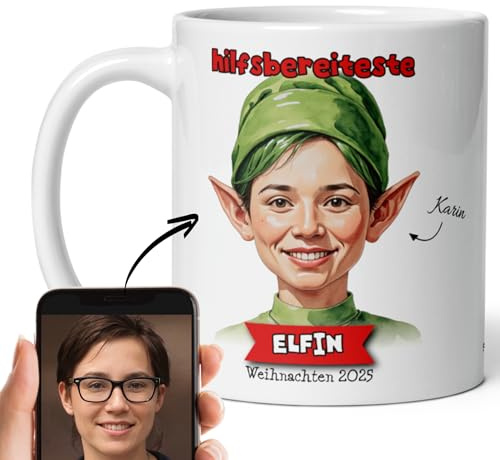 Epicuddle® Weihnachts-Elfin, Elf, Karikatur Tasse personalisiert - Santa Claus, Geschenk für Erwachsene und Kinder - Lustige Tasse mit 100% Wiedererkennungswert deines Fotos