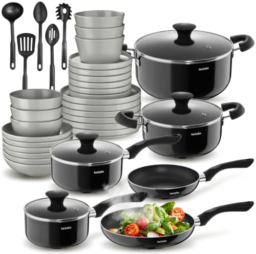 tectake® Küchenstarterset 6 Personen, Steingut Geschirr Set, Teller, 4 Töpfe 2 Pfannen rostfreies Aluminium, Kochtopf Set, Töpfe Set, kratzfest, inkl. 5 Küchenwerkzeuge - grau/schwarz, 39-tlg | 4 Töpfe und 2 Pfannen Aluminium, hitzebeständig, kratzfest, leichte Reinigung, 5 Küchenwerkzeuge, Küchenhelfer, grau/schwarz