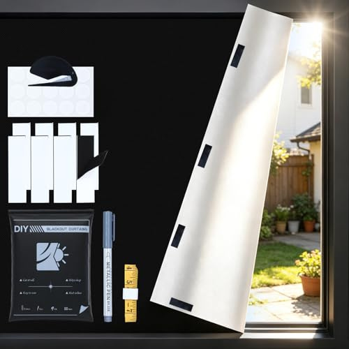 Fenster Verdunkelung Klettverschluss Magnetisch, 100% Lichtabschirmend | Verdunkelungsrollo ohne Bohren, Innen Sonnenschutz Abdunkeln,Hitzeschutz für Dachfenster, Reise, 200x145cm